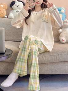 女士两件套睡衣套装，韩式休闲睡衣，可爱兔子印花上衣，条纹印花七分裤，配套睡衣，家居服 - 香檳色 - 查看 5