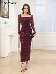 Elegant Lady Romantic Sexy Slim Fit Bodycon Women Burgundy Bridal Maxi Long Sleeve Wedding Dresses Sequin Evening Prom Dress For Party, Events - Burgundy - View 5