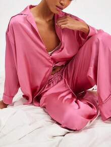 Conjunto de Pijama Floral para Mujer, Camisa de Manga Corta con Lazo y Shorts, Ropa de Dormir y Descanso Diario - Rosa - Ver 3