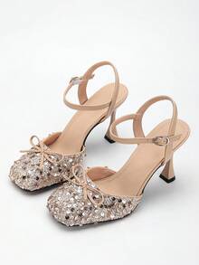 Women's High Heel Round Toe Fashion Bow Sequin Party Backless Pumps - Champagne - View 8