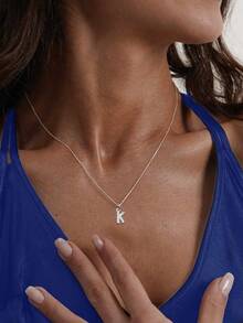 S925 Sterling Silver Letter Necklace, 14K Gold Plated, Customizable 26 A-Z Letter Pendant, Elegant Jewelry, Valentine's Day Gift, Women's Choice - Silver - View 5