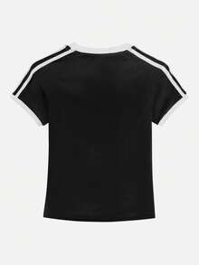 4-Stripe 女款学生简约黑色街头风休闲通勤个性化 Y2K 修身性感圆领短袖 T 恤，春夏款 - 黑色 - 查看 7