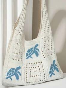 Valentine's Day Women's Summer Beach Tote Bag - Crochet Design With Sea Turtle Pattern, Large Capacity Open-Top Tote, Beige Polyester, Suitable For Casual Outings And Coastal Vacations, Beach Tote Bag, Travel Accessory, Bohemian Fashion, Woven Texture, Spacious Tote Bag, Essential For Vacation, Ideal For Work, Back To School , Bohemian Outfit For Women - 彩色 - 查看 6