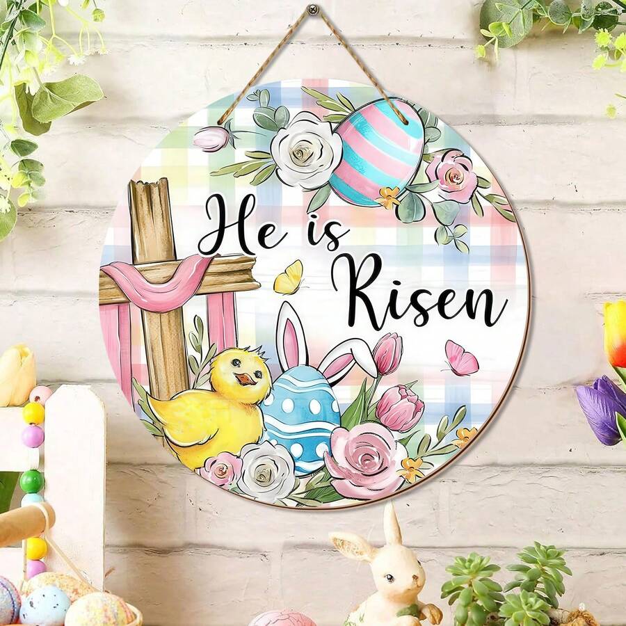 1 tấm bảng trang trí hình thánh giá "Chúa đã sống lại" chủ đề Lễ Phục Sinh, hình trứng, gà con và hoa hồng, dùng trang trí cửa ngoài trời, hiên nhà; vòng hoa gỗ hình tai thỏ kẻ caro kiểu nông trại dùng trang trí tường trong nhà. - Nhiều màu - Xem 1
