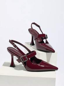 2026 New Non-Fatiguing Red Sole Cloth Women's High Heel Pumps, Thin Heel, Pointed Toe, Asymmetric Heel, Elastic Back Closed Toe Sandals - Burgundy - View 7