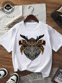 Women's Short Sleeve T-Shirt With Samurai Wolf Graphic Print, Casual Loose Fit Crew Neck Tee, Streetwear Inspired Japanese Style Top For Summer Fashion - 黑色 - 查看 1