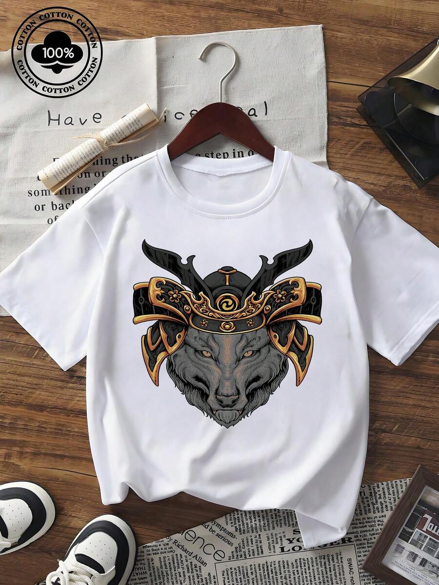 Women's Short Sleeve T-Shirt With Samurai Wolf Graphic Print, Casual Loose Fit Crew Neck Tee, Streetwear Inspired Japanese Style Top For Summer Fashion - 黑色 - 查看 1