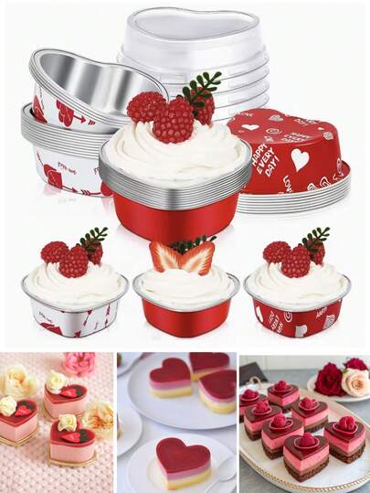 100/60/40/20/4 piezas Moldes de aluminio con forma de corazón en rojo/blanco/rosa - Con tapas, "Feliz Día de San Valentín" Cajas de decoración de postre del Día de San Valentín, Torta con forma de corazón, Cajas decorativas para galletas, Cajas de decoración de postre para fiestas, Moldes desechables para mini tartas, Adecuado para cajas de embalaje del Día de San Valentín, Cajas de embalaje de postres para hornear, Aniversario