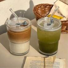 14 OZ Glass Cups With Lids And Straws Iced Coffee Cups With Lids Clear Ribbed Glassware Glass Tumbler For Coffee Smoothie Cocktail Ice Tea - 450ml trong suốt - Xem 3