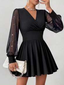 女士纯色交叉V领灯笼袖优雅连衣裙