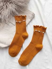 1双女士珍珠边中筒袜，时尚百搭罗纹袜，春秋季