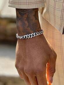 1pc 18K Gold Plated Stainless Steel 8.5mm Wide Punk Curb Chain Bracelet, Suitable For Men's Daily Wear And Party Attire