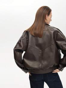 Women's Loose Faux Leather Casual Long Sleeve Stand Collar Jacket - Brown - View 2