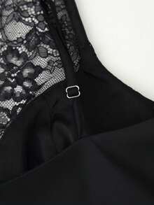 Women's Sexy Lace Satin Fitted Camisole, Fashionable V-Neck Spaghetti Strap Backless Camisole Top, Summer Beach Vacation - Black - View 11