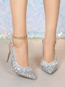 Silver Rhinestone Pointed Toe Stiletto High Heels For Women, Sparkling Elegant Ankle Strap Pumps, Luxury Party/Date/Work Occasion Shoes - Silver - View 4