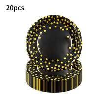 20-Piece Black & Gold Polka Dot Themed Disposable Tableware Set- Plates/Cups/Napkins, Luxury Party Supplies For Wedding Reception, Elegant Dinners & Anniversary Celebrations