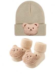 2件套婴儿针织帽和袜子，加厚冬季保暖针织帽和袜子，适合婴幼儿男孩女孩 - 2pcs - 查看 9