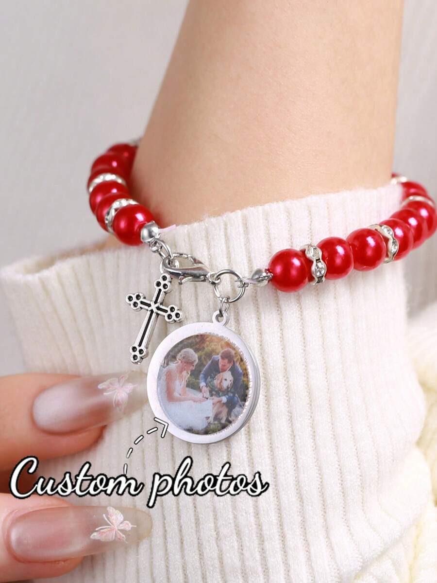 Customized Colorful Photo Beaded Bracelet With Cross, Fashionable Personalized UV Printed Couple Memory Photo Round Pendant Beaded Adjustable Handmade Photo Bracelet - Multicolored Beads - View 1