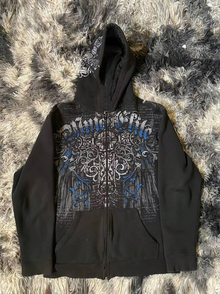 Y2K Skeleton Zipper Hooded 90s Retro Pattern Printed Zipper Top Sweatshirt - màu đen - Xem 1