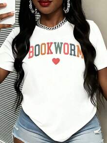 Women's-ShirtWomen Bookworm Printed Graphic Round Neck Shirt Fashion Cotton Casual Top Reading Lovers And Book EventsFashionable Women's Clothingshirts,Clothes,White Top,Graphic Tee,Suitable Gym, Workouts, Everyday Casual Wear, And Street Style. - White - View 1