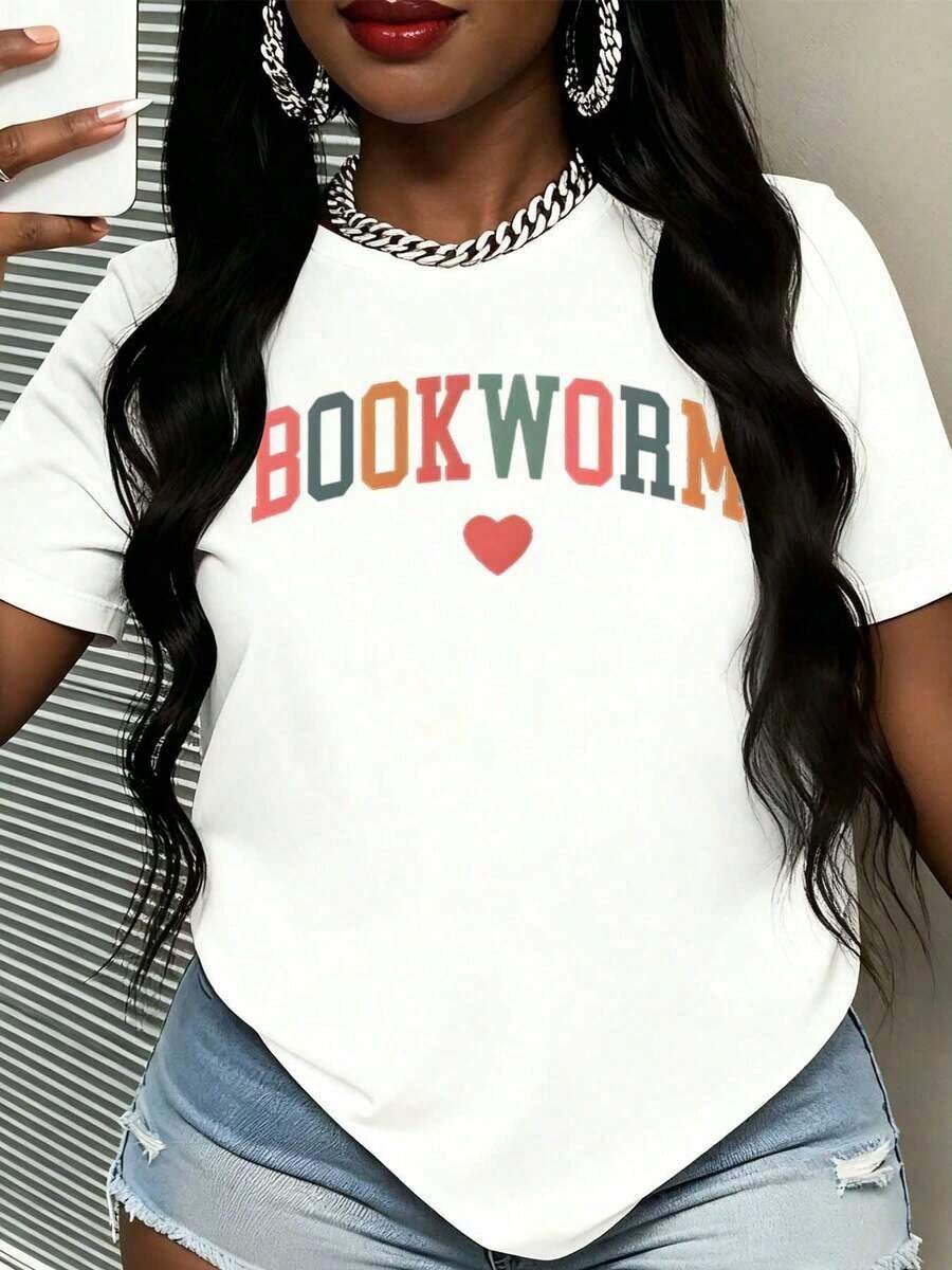 Women's-ShirtWomen Bookworm Printed Graphic Round Neck Shirt Fashion Cotton Casual Top Reading Lovers And Book EventsFashionable Women's Clothingshirts,Clothes,White Top,Graphic Tee,Suitable Gym, Workouts, Everyday Casual Wear, And Street Style. - White - View 1