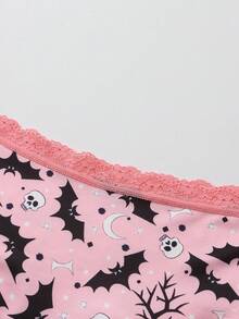 Dircho 5pcs Women's Sexy Cute Gothic Contrast Lace Bikini Panties - Allover Skull & Moon Print Silky Soft Comfy Intimates Underwear, Stretch Breathable Elastic Waist Lightweight Daily Lingerie Set - Multicolor - View 6