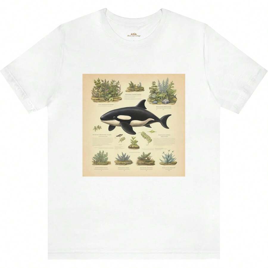 90's Vintage Orca Whale Botanical Printed T-Shirt - Cottagecore Crewneck And Short Sleeve T-Shirt - Boho Aesthetic Unisex Tee White - 白色 - 查看 1