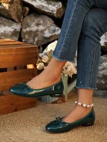 2025新款女士平底圆头蝴蝶结鞋，时尚舒适，易于穿脱。适合大学、学校、休闲、派对和舞会等场合。这款鞋采用多色设计，鞋底平坦。 - 墨綠色 - 查看 8