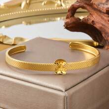 Simple Cute 18k Gold Texture Teddy Bear Pattern Open Stainless Steel Bracelet For Girls Women Daily Party School Hoilday Wear Birthday Gift - Gold - View 1