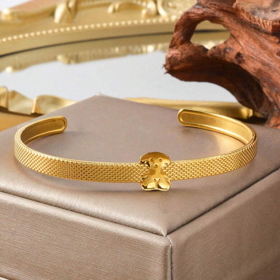 Simple Cute 18k Gold Texture Teddy Bear Pattern Open Stainless Steel Bracelet For Girls Women Daily Party School Hoilday Wear Birthday Gift - Gold - View 1