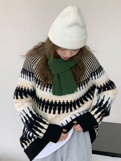 女士复古撞色圆领套头毛衣，半针织设计