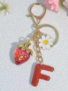 1 pezzo Portachiavi a forma di lettera con fragola rossa, ciondolo floreale carino, portachiavi minimalista per borsa, regalo per donne - Rosso - Visualizzare 31