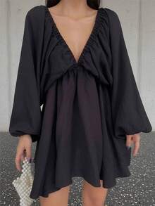 Women's Summer Vacation Solid Deep V-Neck Lantern Sleeve Backless Mini Dress - Black - View 2