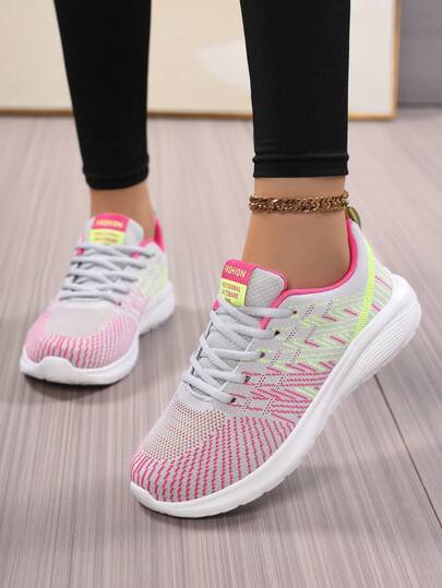 Women's Casual Contrast Color Lace-Up Athletic Sneakers, Suitable For Outdoor, Home, Holiday, Gym, Spring/Autumn