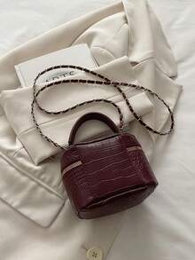 Chiếc túi xách dây xích kim loại mini màu trơn này dành cho nữ, túi đeo chéo, túi hình trụ tròn nhỏ, phù hợp cho công sở, đi làm, đi văn phòng, đi nghỉ mát, mua sắm, du lịch và các dịp khác, thời trang và đơn giản, họa tiết đá, thể hiện nét duyên dáng nữ tính. - Màu Đỏ Sâu - Xem 10