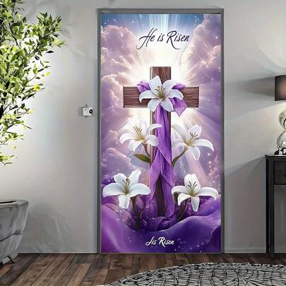 2D平面门帘，复活节假日门帘，单件装，图案为“他已复活”，配以优雅的紫色十字架和白色百合花，适合家居装饰