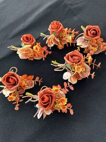 1朵/6朵人造PE玫瑰花新郎胸花男士兄弟腕花毕业别针西装婚礼鲜花派对装饰 - 亮橙色 - 查看 7