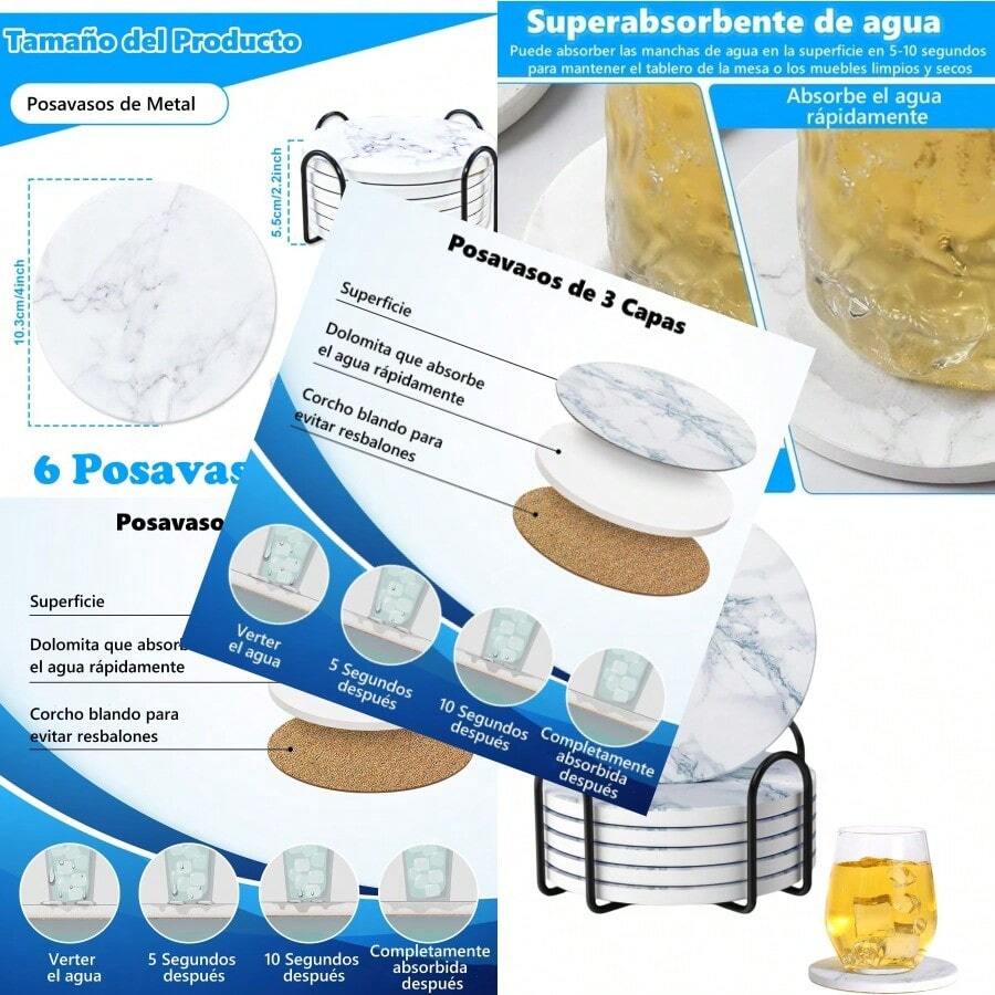 hygPortavasos para Mesa 6Pzs Portavasos con Soporte Porta Vasos Super Absorbentes Posavasos de Marmol Antideslizantes Coasters para Bebidas Aptos para Varios Tipos de Vasos de Agua y Vino Blancojuh - Blanco - Ver 1