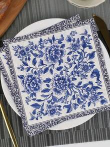 20pcs/40pcs/60pcs 2-Ply Soft Blue & White Porcelain Peony Pattern Paper Napkins, Unfolded Size 33cm*33cm, For One-Time Party Lunch, Guest Towels, Decorations, Birthday, Wedding Anniversary, Graduation Party