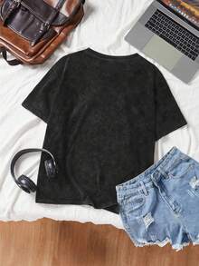 女士夏季休闲黑白格子闪电印花T恤，格子笑脸T恤，快乐笑脸衬衫，圆领短袖休闲简约百搭上衣，复古休闲上衣，趣味漂亮T恤，积极向上T恤。 - 黑色 - 查看 2