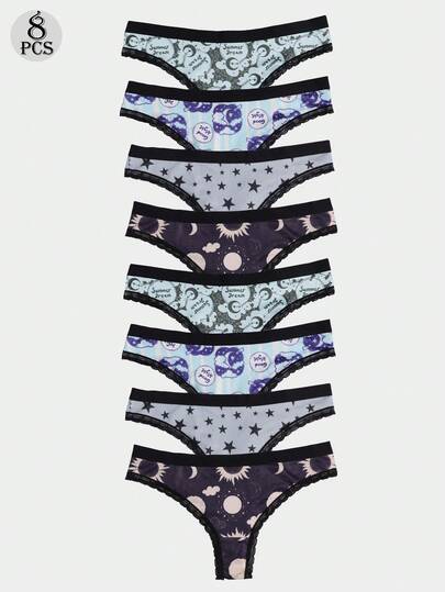 Dircho Set de 8 chiloți pentru femei cu imprimeu celest, model cu stele și soare și lună, garnitură din dantelă neagră, material moale, schemă de culori cool, lenjerie intimă confortabilă de zi cu zi, stil casual elegant.