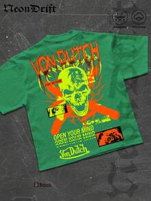 NeonDrift Double-Sided Printing Men's T-Shirt Men's Short-Sleeve T-Shirt100% Cotton Fabric Soft & Skin-Friendly Unisex Style Gifts For Spring Festival, Valentine's Day, St. Patrick's Day & World Cup- Skull And Crossbones Green T Shirt Streetwear Punk Rock Style Breathable Cotton Men's Casual Tee For Music Festivals And Urban Fashion Lovers - màu xanh lá - Xem 3