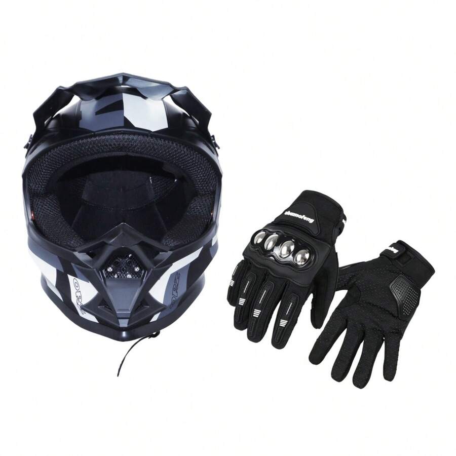 Full Face Motorcycle Helmet & Protective Gloves Set - Breathable Hard Shell Helmet With Ventilation, Impact-Resistant Gloves For Motocross/Off-Road Riding - Send Black Gloves - View 1