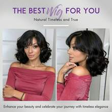 Women's Short Shoulder Length Wavy Bangs Synthetic Wig, Linen Texture Side Part Natural Black Color, Heat Resistant, Glueless & Seamless For Daily Wear Or Events - màu đen - Xem 6