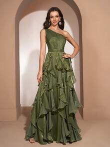 YISIKADO Women Elegant One Shoulder Ball Gown Sleeveless High-Waisted Ruffle Long Dress Wedding Guest Graduation Anniversary Homecoming Ceremony Party - Dark Green - View 5