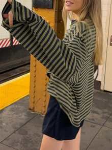 Women's Loose Casual Striped Long Sleeve Top - Multicolor - View 6