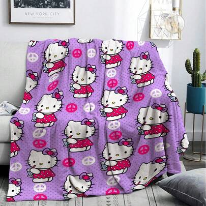 Sanrio 1件三丽鸥Hello Kitty卡通图案柔软法兰绒毯，舒适可爱长方形涤纶毯，设计精美，适用于床、沙发及各种场合。