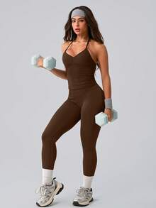 NcmRyu 1 Set Women's Fashion Elastic Halter Neck Tank Top And Pants Sportswear Set Summer - Brown - View 5