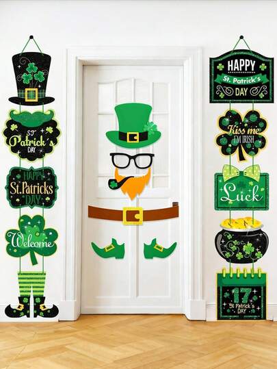 一套圣帕特里克节装饰套装包含：一对圣帕特里克节悬挂式欢迎牌和门贴，爱尔兰派对横幅门饰，三叶草帽小矮人毛毡门贴，适用于圣帕特里克节派对家居装饰。