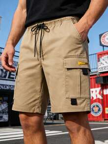 男士工装短裤，多口袋个性化标签休闲裤，外套 - 卡其色 - 查看 5